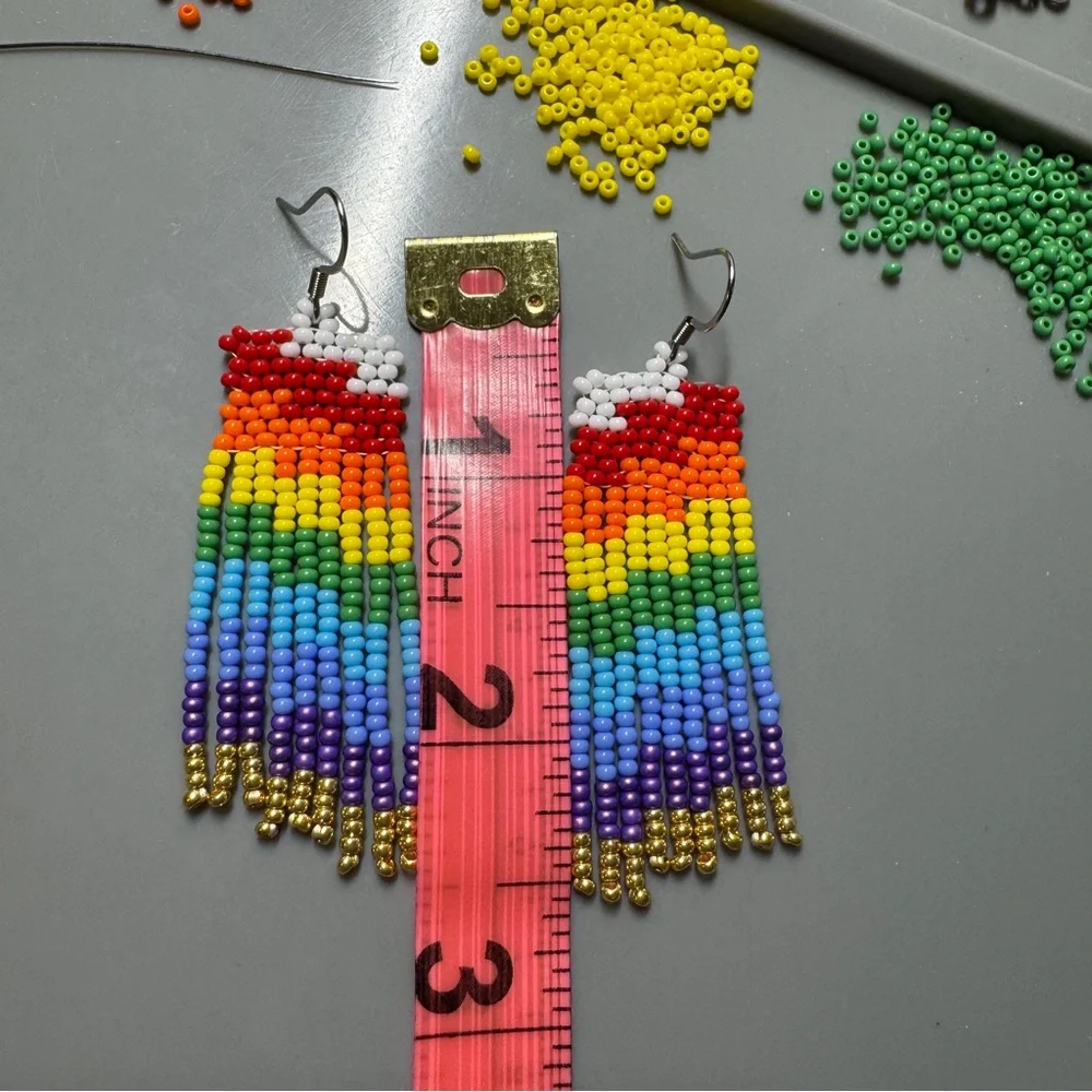 Rainbow Gold Seed‎ Bead Beaded Earrings 2.5” Dangle Earrings Handmade